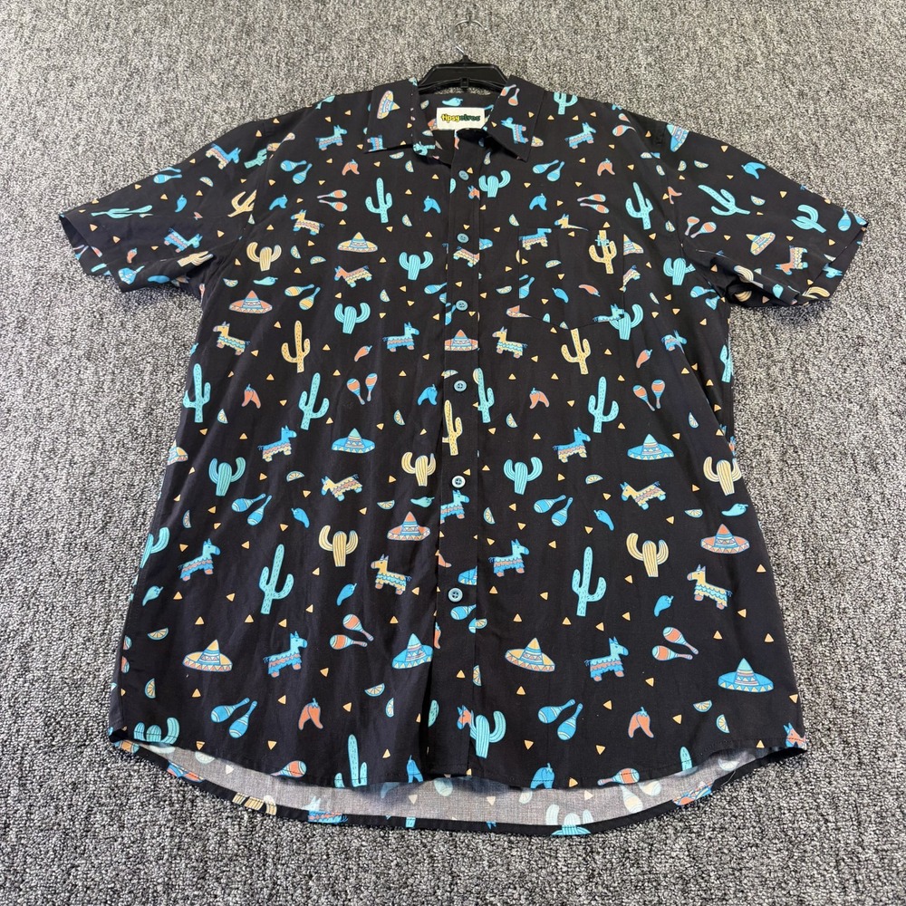 Tipsy Elves Midnight Fiesta Hawaiian Shirt Mens XL Black Cactus Sombrero Pinata
